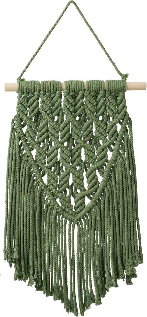Small Macramé Wall Hanging – Boho Green Tapestry, Cute Aesthetic Wall Art for Bedroom, Living Room, Dorm, Nursery, or Office, 16" x 10", Perfect for Teen Girls and Small Spaces